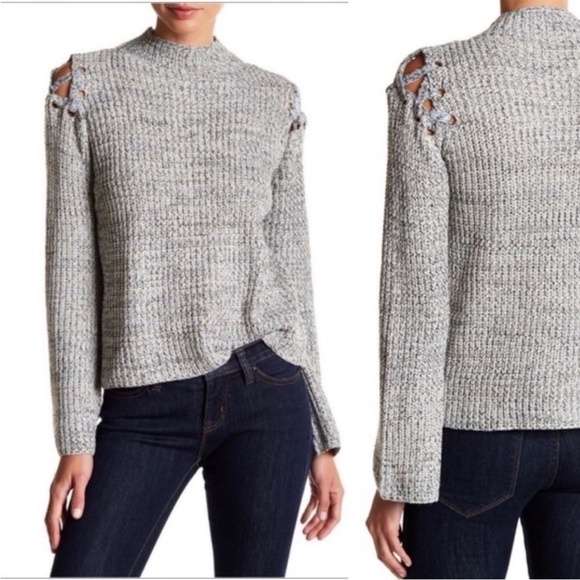 REVOLVE John Jenn Cutout Gray Grommet Lace-up Bell Sleeve Chunky Knit Sweater S - Picture 1 of 7